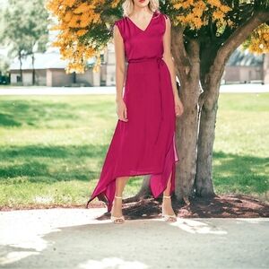 Vince Camuto Women's Magenta Pink Silky Asymmetrical V-Neck Dress XL $146 EXC
